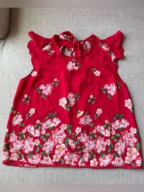 Sleeveless Red Floral Tie-Back Blouse